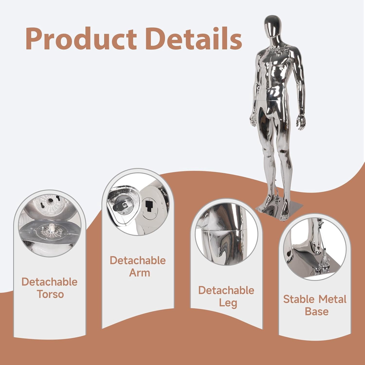 Kinbor 6Ft Silver Full Body Male Mannequin - Tall Male Mannequin with Stable Metal Base Dress Form Display with Adjustable Head and Arms, Detachable Manikins