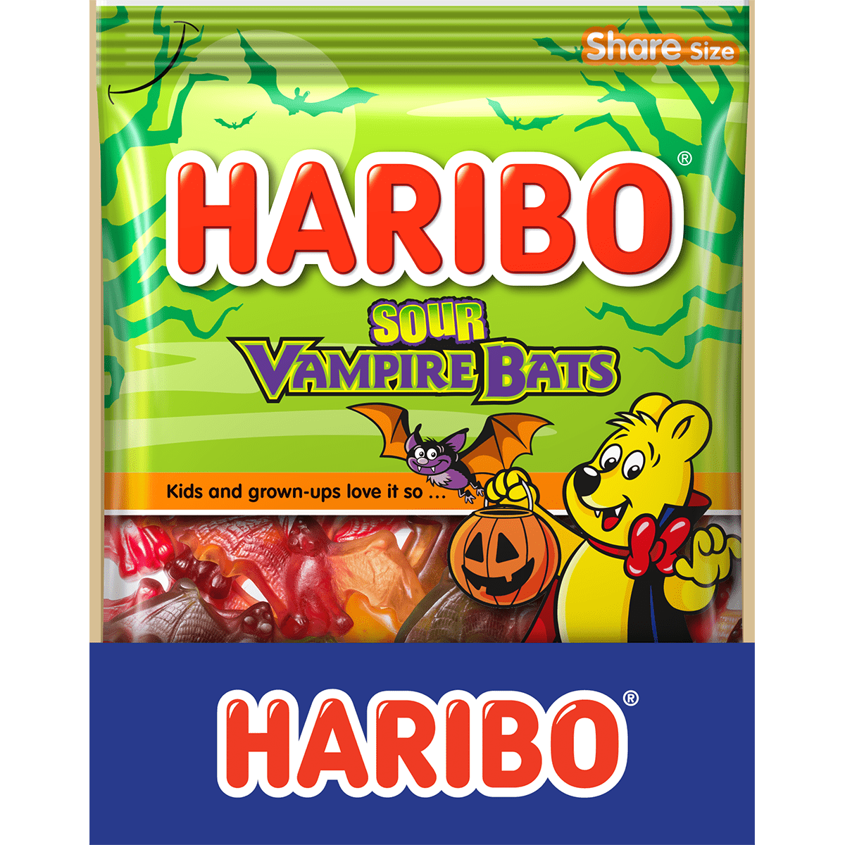 (4 pack) HARIBO Sour Bats Halloween Edition Gummies Bat Shaped Sour Gummy Candy, 4oz, Share Size Peg Bag