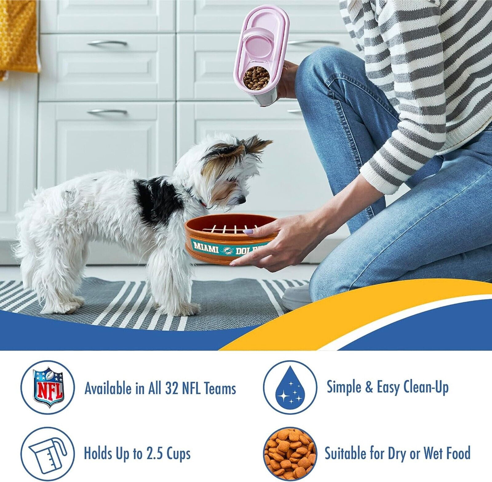 Pets First NFL Miami Dolphins Super-Bowl Slow Feeder Bowl for Dogs and Cats, Football Design for Healthy Digestion, Non-Slip, for Large & Small Pet