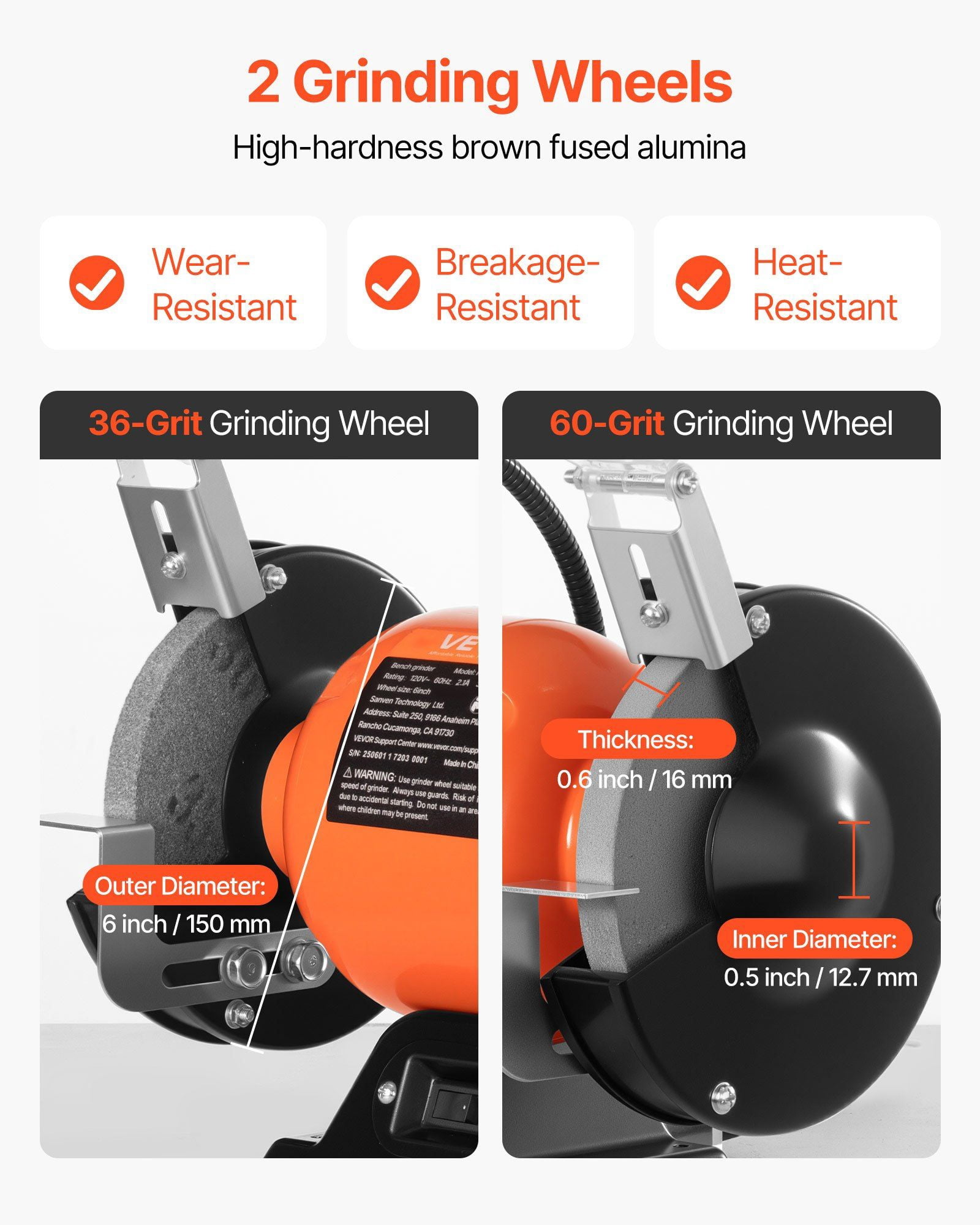 6 Inch Benchtop Grinder 3450 RPM 250W Induction Motor with 36 60 Mesh Grinding Wheel and LED Work Light