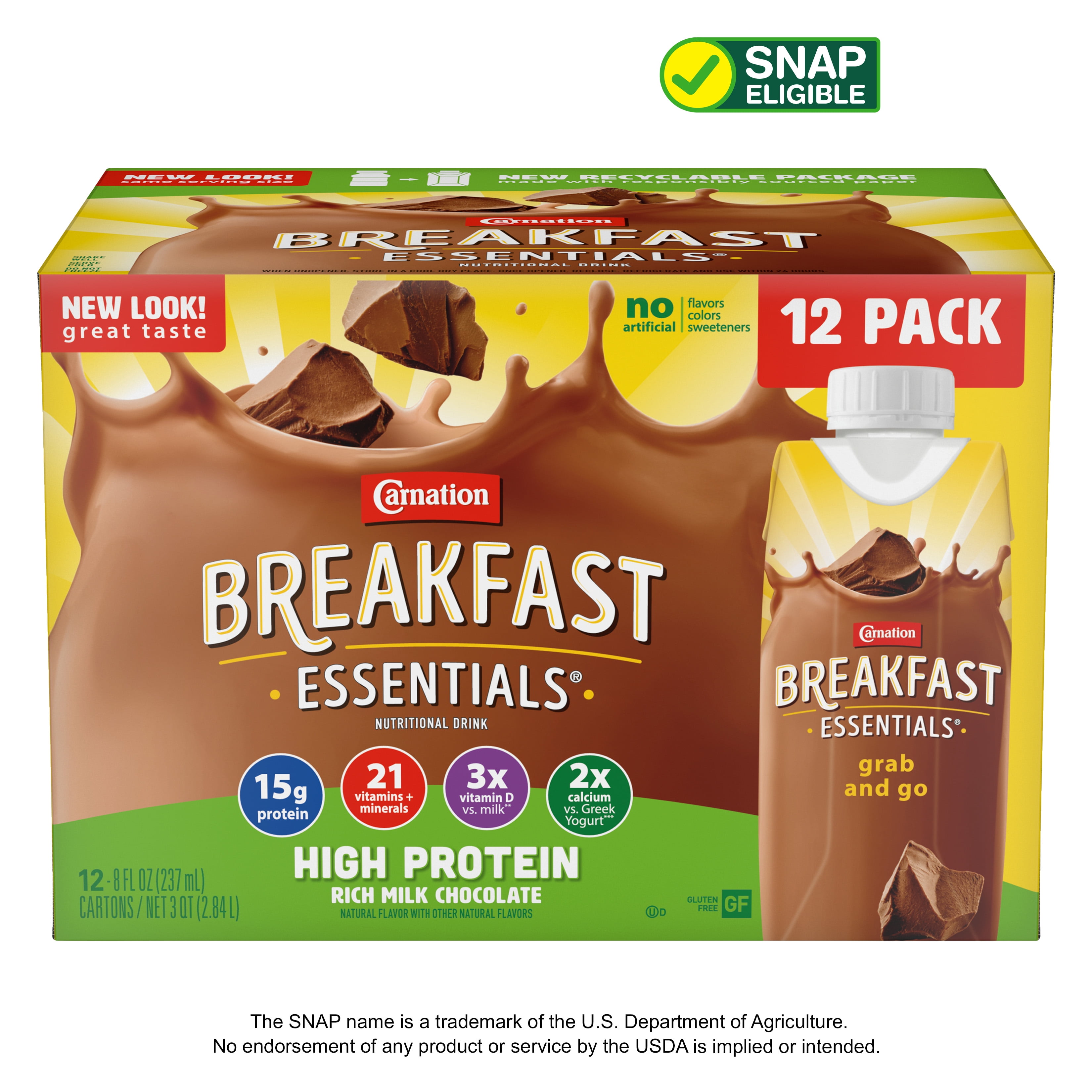 Carnation Breakfast Essentials High Protein Nutritional Drink, Rich Milk Chocolate, 15 g Protein, 12 - 8 fl oz Cartons