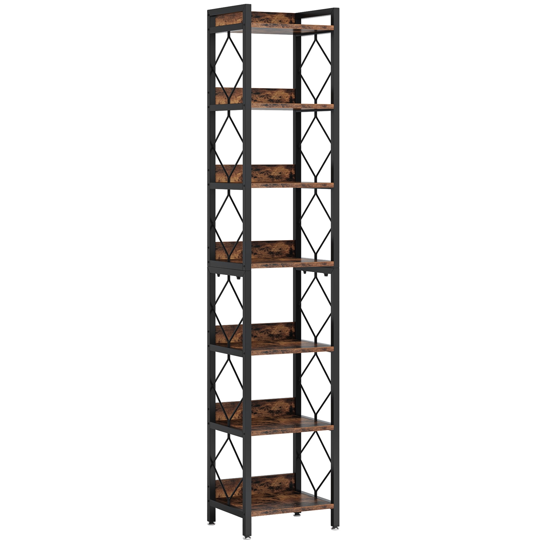 Fnova 78.7" 7-Tier Tall Storage Shelf, Narrow Metal Wood Bookshelf for Small Spaces, Office, Library, Living Room