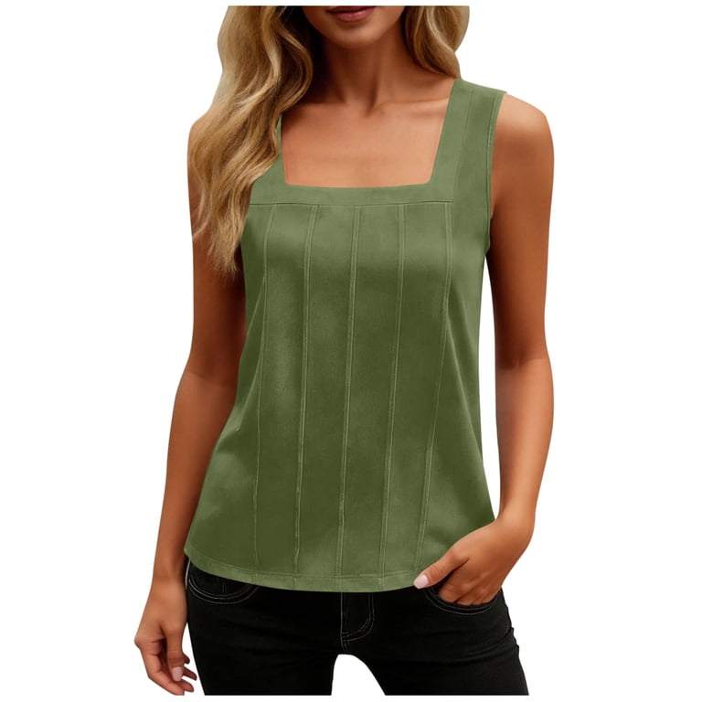 TGSLY Women's Square Neck Pleated Tank Tops Loose Fit Curved Hem