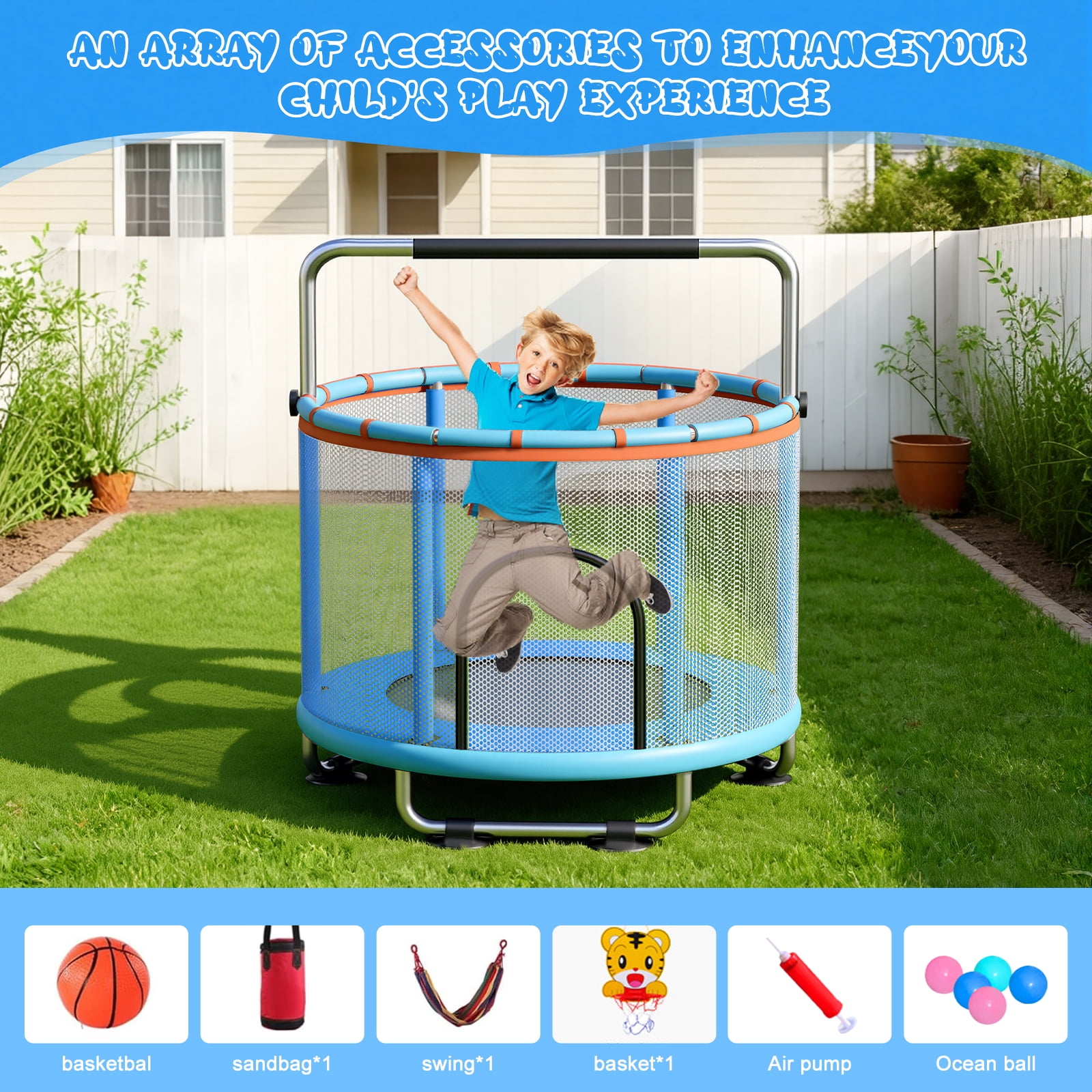 55" Kids Trampoline with Adjustable Gymnastics Bar , 600 LBS Capacity, Safety Enclosure Net & Fun Toys – For Indoor and Outdoor Play