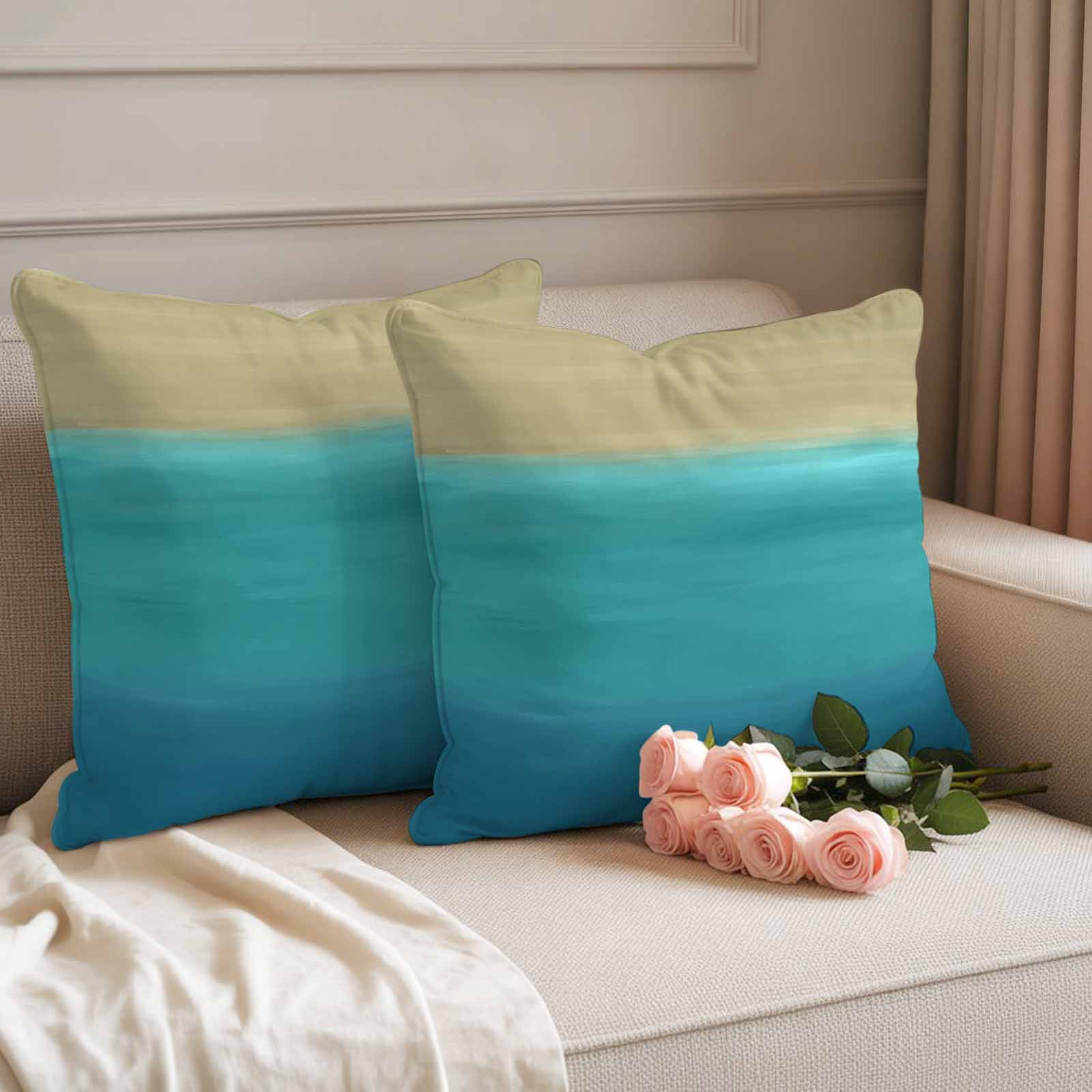 Teal Blue Ombre Outdoor Waterproof Pillow Covers, Modern Abstract Gradient Art Decorative Square Throw Pillowcase Sofa Cushion Sham for Patio/Couch/Chair, 24"x24" 2 Pack