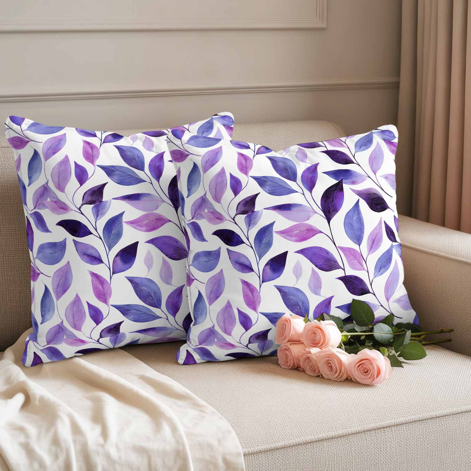 Outdoor Waterproof Throw Pillow Covers Set of 2 Purple Leaves Decorative Pillowcases Square Outdoor Pillows Cushion Case 16x16 Inch Spring Leaf Plants Patio Pillows for Couch Sofa Bed Garden