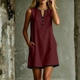thumbnail image 2 of Ecqkame Summer Dresses for Women Color Block Trim Hem V Neck Sleeveless Buttons Mini Dress Casual Loose Beach Vacation Daily Dress with Pockets Wine XXL, 2 of 6