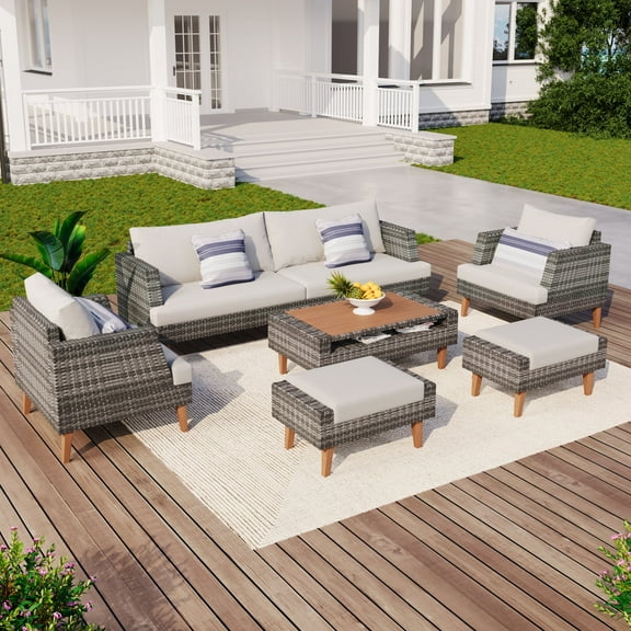 Highsound 6 Pieces Patio Furniture Set with Coffee Table, All Weather Outdoor Conversation Set with Cushions, Wood Legs & Table Top, for Garden, Poolside, Backyard, Gray Wicker