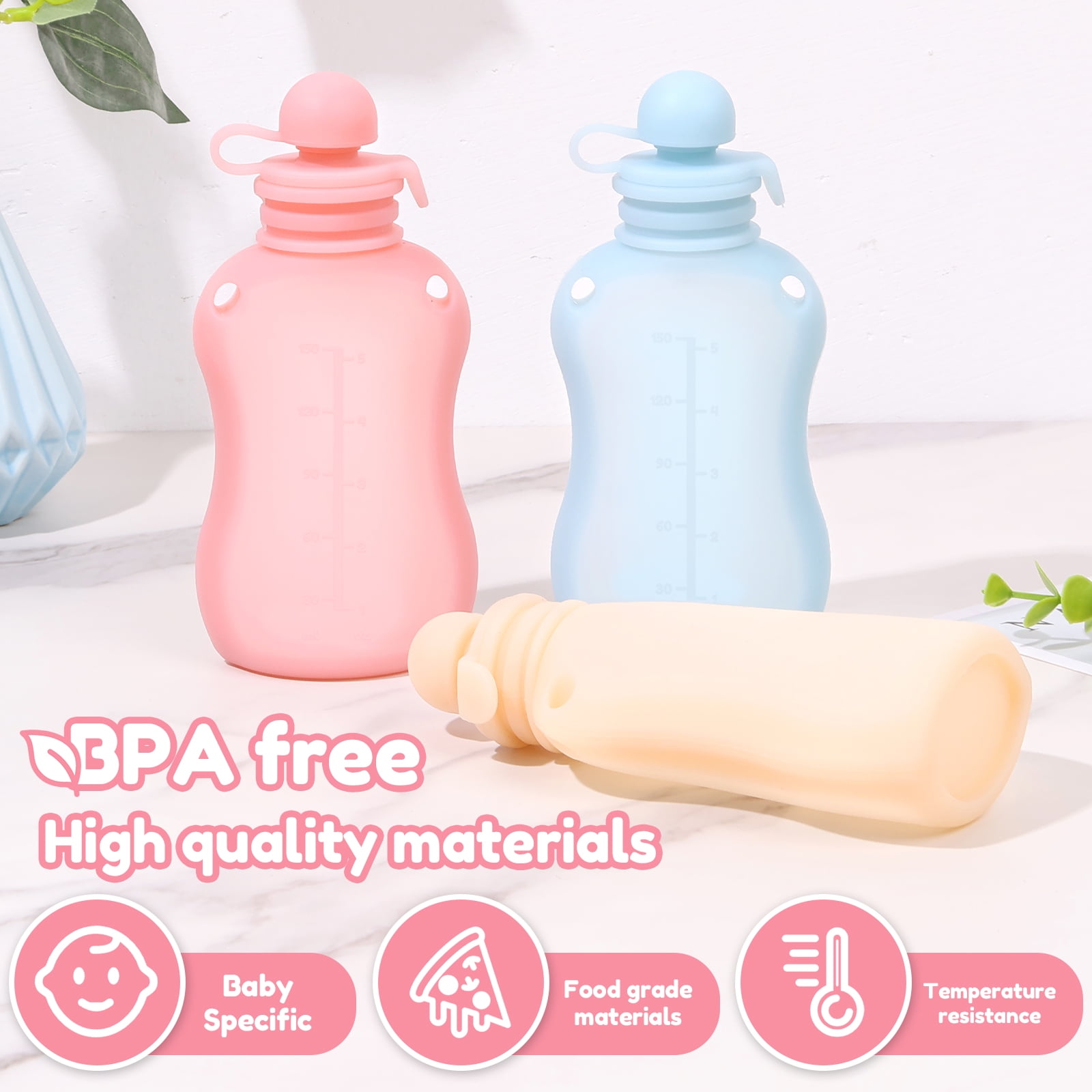 Vensio -3 Pack Silicone Baby Food Pouches 5oz, Reusable Refillable Squeeze Pouches for Toddlers with Straw Mouth, Leakproof Breast Milk and Puree Storage Bags
