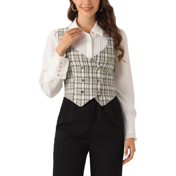 INSPIRE CHIC Chaleco Steampunk para Mujeres Traje Racerback Vintage Cuadros L Blanco