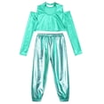 thumbnail image 3 of Alvivi Kids Girls Glossy Metallic Jazz Hip Hop Dance Crop Top with Pants Set Performance wear Blue Green 8, 3 of 5