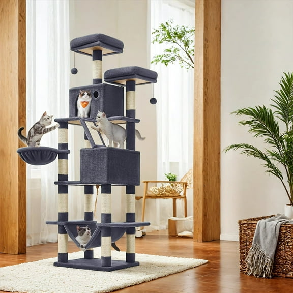 LEDREM 81.1-Inch Multi-Level Cat Tree Tower with 13 Scratching Posts, 2 Perches & Hammock - Plush Cat Condo for Large Cats, Anti-Tip Design, Smoky Grey