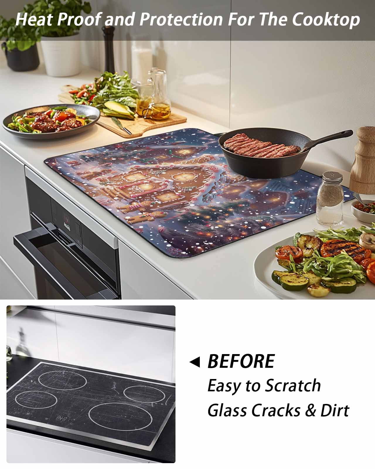 Merry Christmas Stove Top Covers for Electric Stove, 36'x21'' Gnome Santa Claus Snowflakes Border Glass Ceramic Stove Cover Foldable Rubber Mat Heat Resistant Cooktop Protector for Kitchen