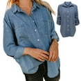 thumbnail image 3 of Womens Blouses Denim Shirt Loose Double Pocket Long Sleeved Versatile Casual Coat Shirt Outwear, 3 of 5
