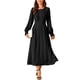thumbnail image 2 of Vestido midi A-line con cuello redondo, mangas largas y volantes para mujer INSPIRE CHIC, con bolsillos, color negro, talla L, 2 of 5