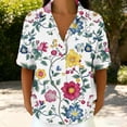 thumbnail image 3 of Favoffer Women's Floral Linen Button Down Short Sleeve Blouses V Neck Casual Summer Tops Loose Fit Hawaiian Shirts for Beach Vacation Daily Work, 3 of 7
