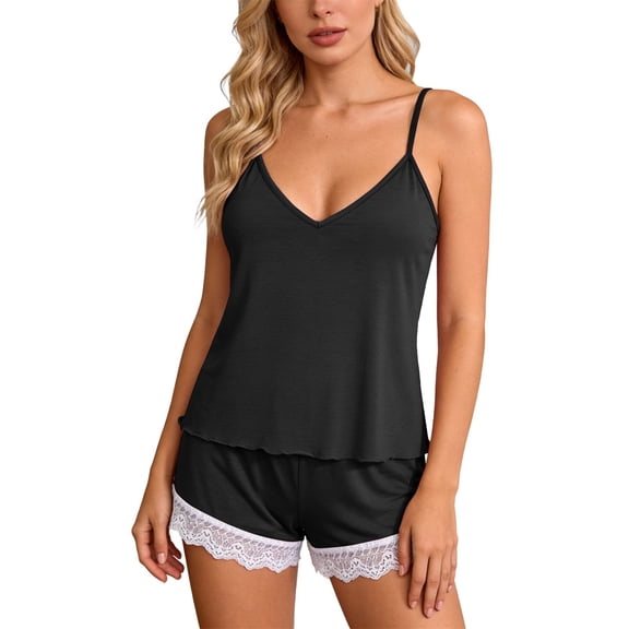 Hugcore Cami Pajama Set Womens Pajama Sets Soft Lace V Neck Camisole & Double Layer Lace Trim Nightwear Cute Pajama Sets for Women Black L