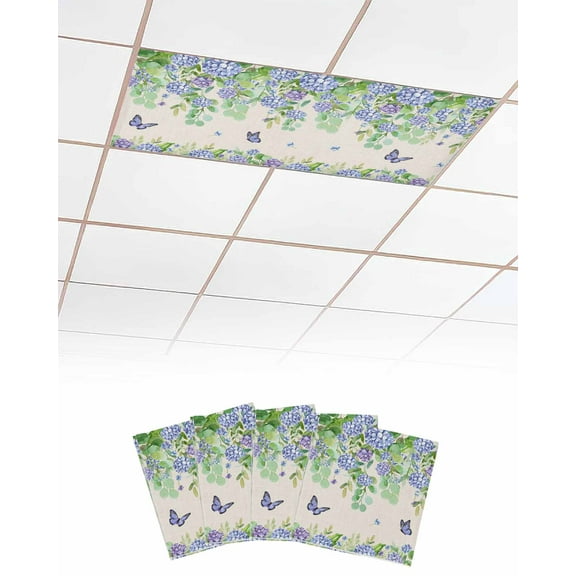 Fluorescent Light Covers for Ceiling Lights 4 Pack, Purple Spring Floral Magnetic Ceiling Light Covers 2x4ft for Classroom Office, Rustic Summer Botanical Eucalyptus Leaves Drop Ceiling Light Shade