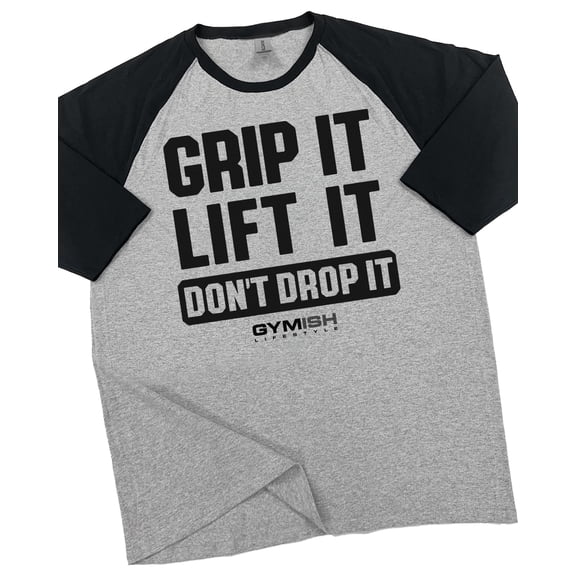 GYMISH Raglan Grip It Workout T-Shirt for Men – Funny Gym Shirt, Men’s Athletic Raglan Tee, Heather Grey, Small