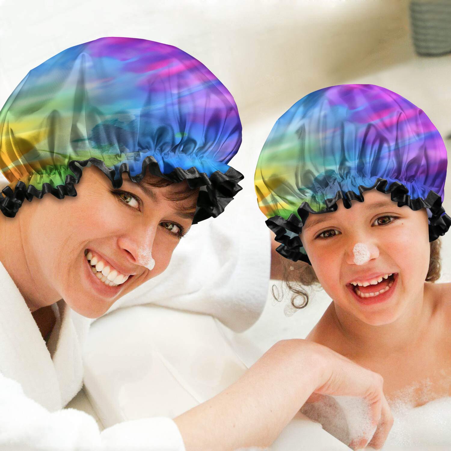 Shower Caps,Colorful Tie Dye Pattern Waterproof Shower Cap for Women 4 Pieces,Double Reusable Hair Cover for Shower PEVA Elastic Stretch Hem