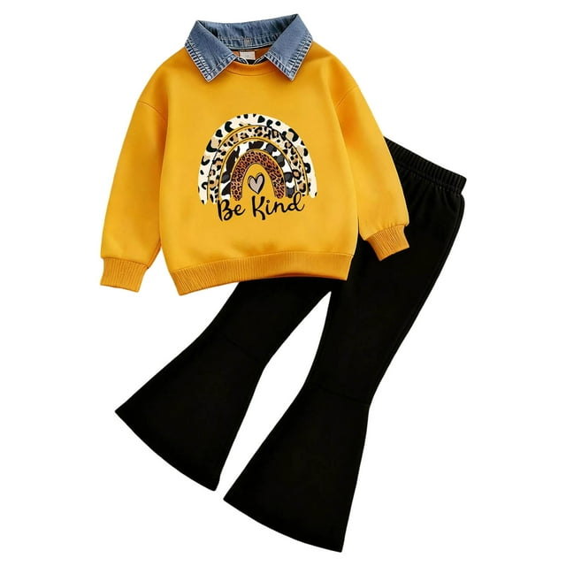 Caqnni Girl Relaxed Fit Two-Piece Set Featuring a Classic Polo Lightweight Pullover Sweatshirt and Trendy Flare Pants for Spring and Fall(Yellow,6-7 Years)