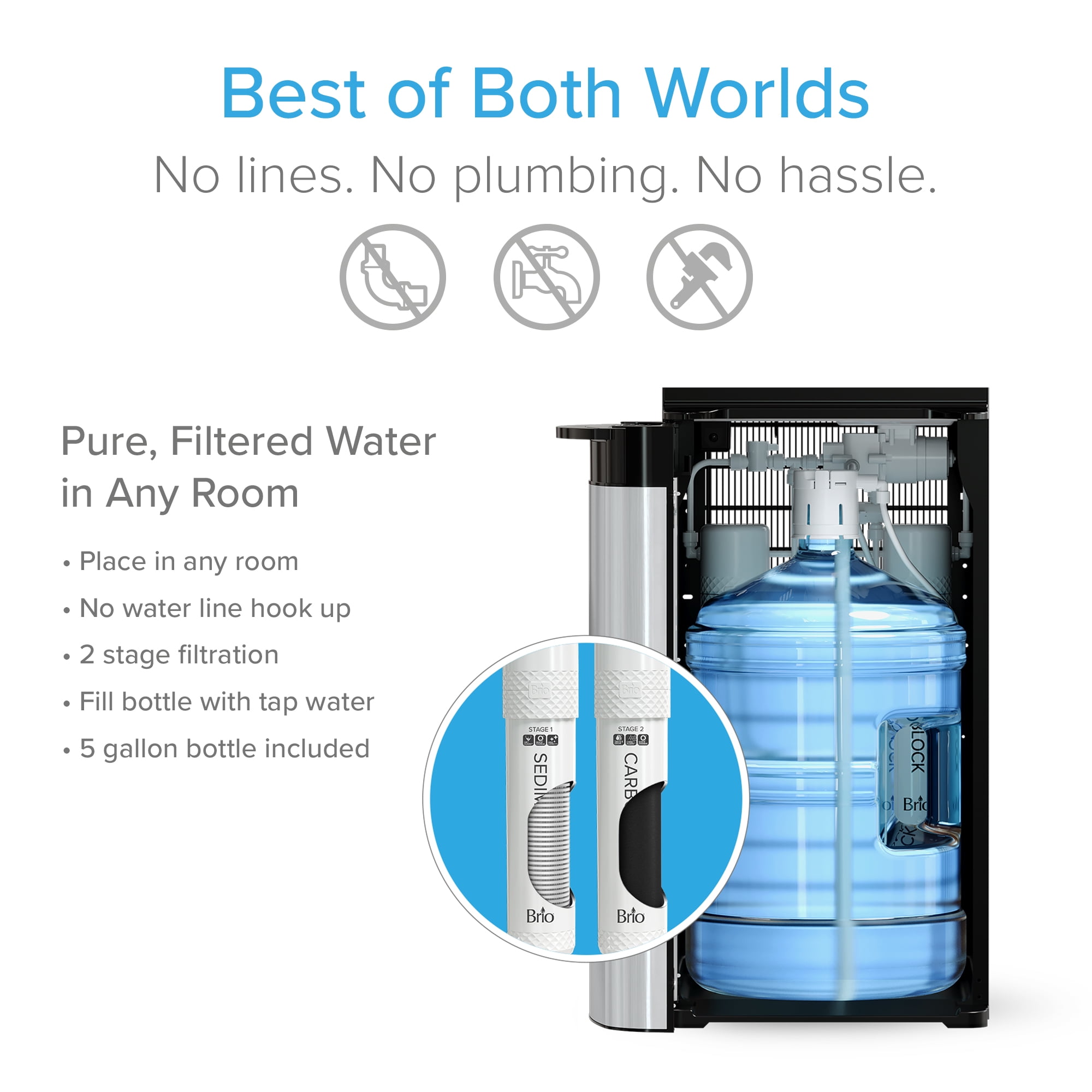 Brio 520 Series Bottom Loading No-Line Tri-Temperature 2 Stage Filtration Water Cooler Dispenser