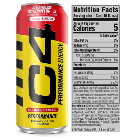 C4 Performance Energy Drink, Strawberry Watermelon Ice, Zero Sugar, Carbonated, 16oz can (12 Pack)