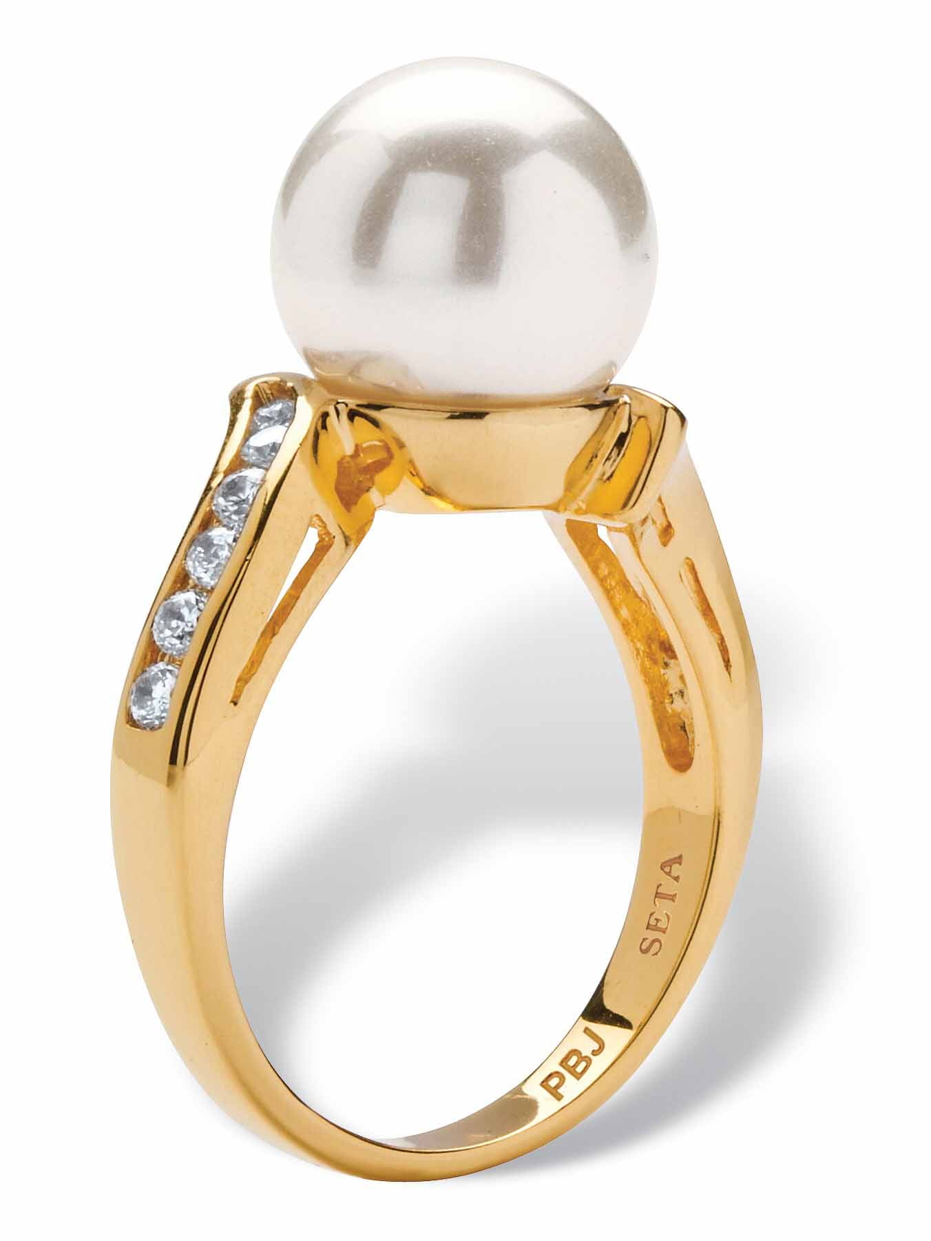 PalmBeach Jewelry .16 TCW Round Simulated Pearl and Cubic Zirconia Accent Yellow Gold-Plated Ring (9.5mm)