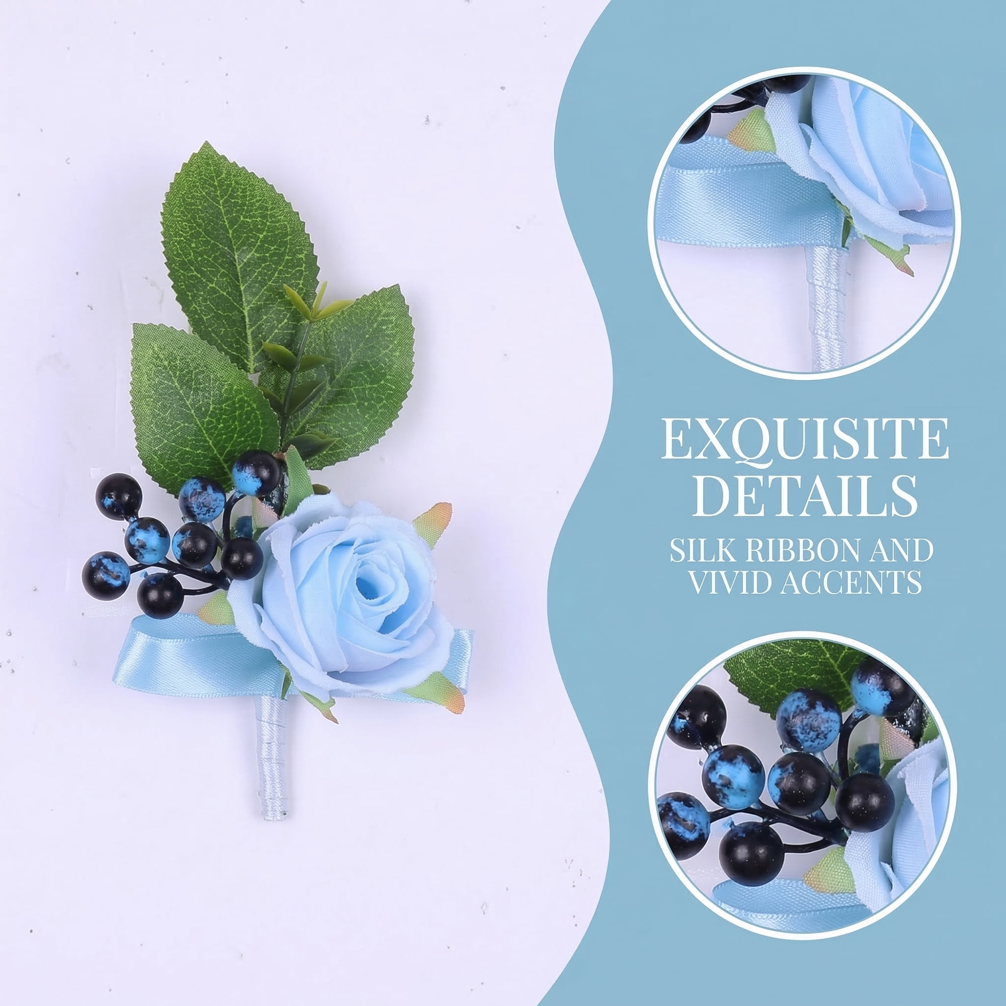 Unique Bargains 4Pcs Artificial Rose Corsage with Pins for Men Blue Pink 5.7 in