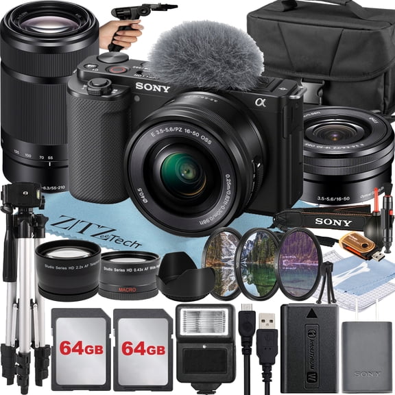 Sony Alpha ZV-E10 Mirrorless Vlog Camera with 16-50mm Lens   55-210mm Lens   2 Pack 64GB Memory Card   Flash   Tripod   Case   ZeeTech Accessory Bundle (Black) International Version