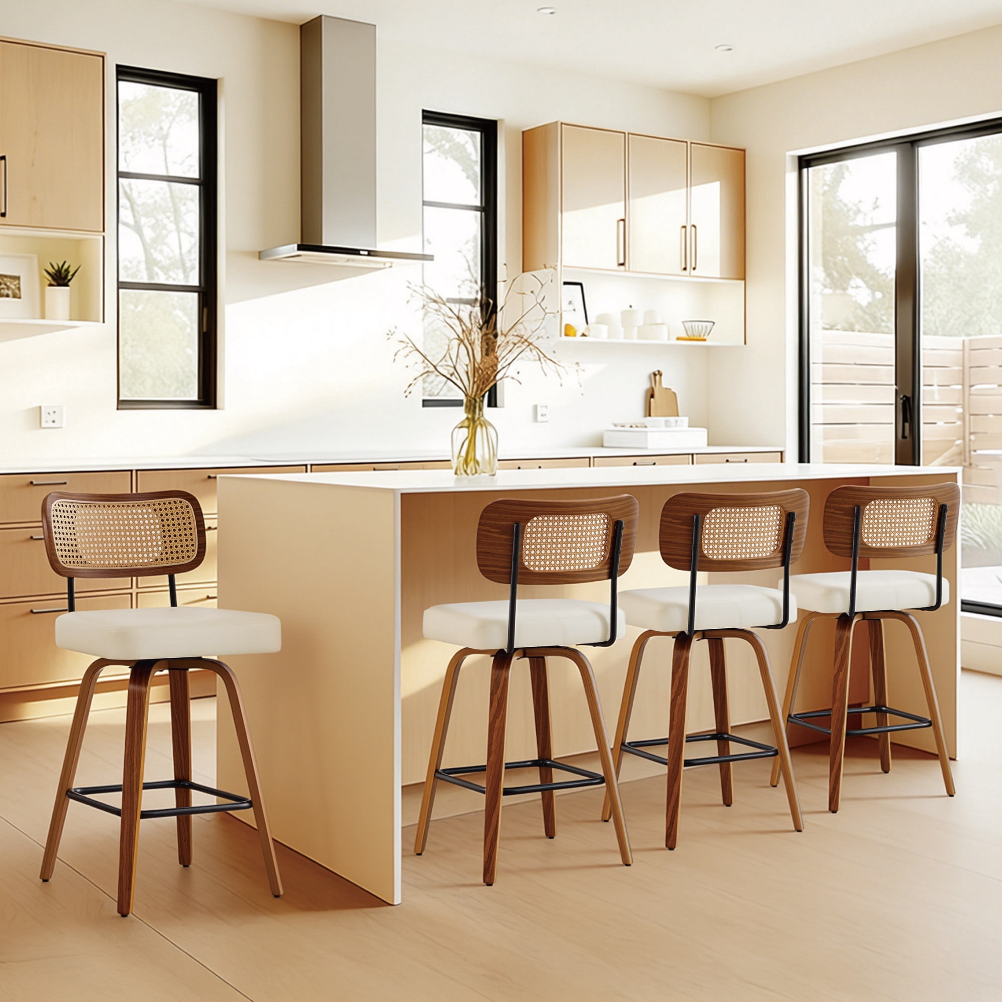 Spruce & Spring 26" Swivel Counter Bar Stool with Walnut Bentwood Frame Set of 3, PE Rattan Back, Ivory