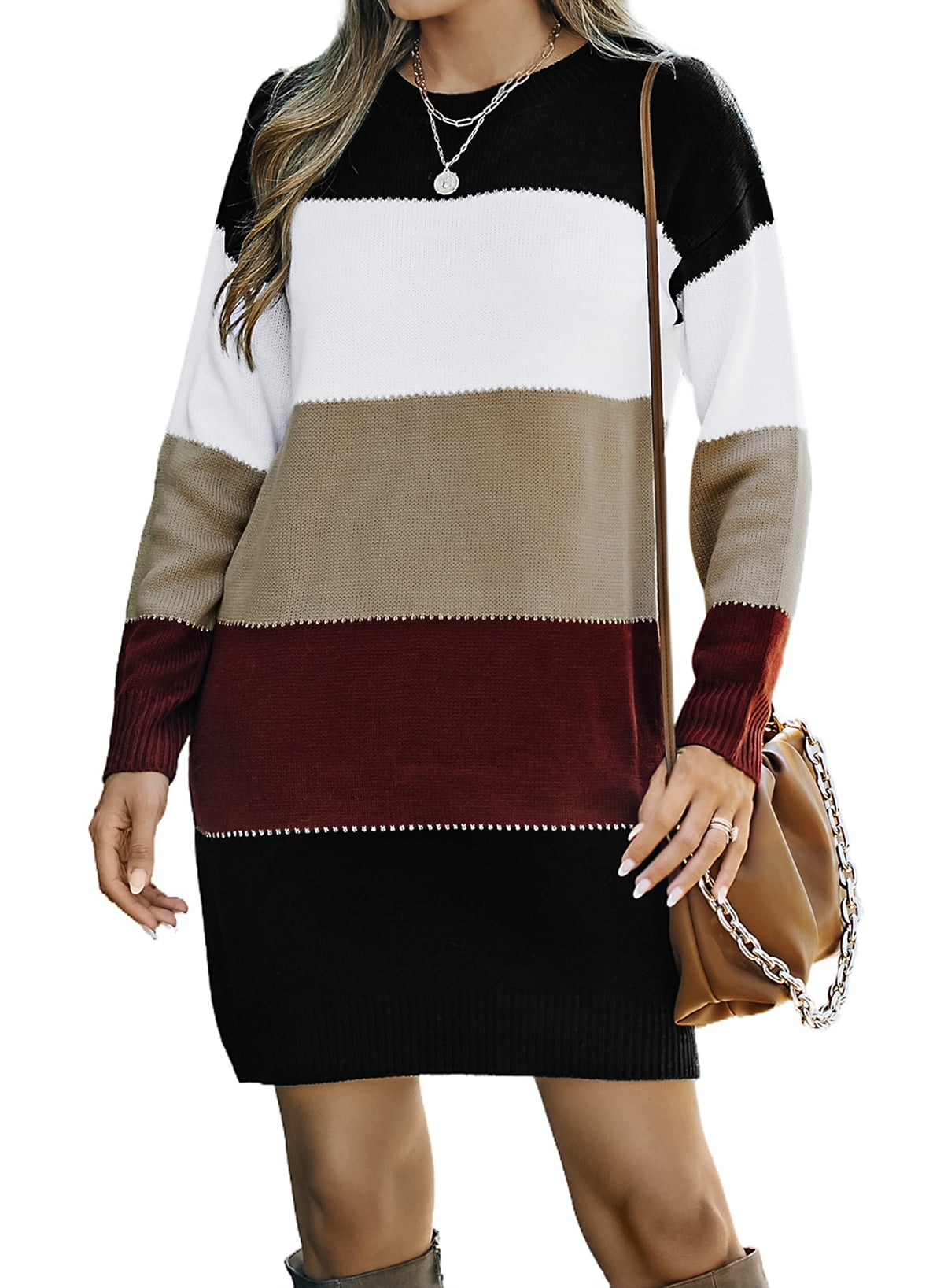 ZKESS Women Color Block Sweater Dress Long Sleeve Crewneck Knit Pullover Dress