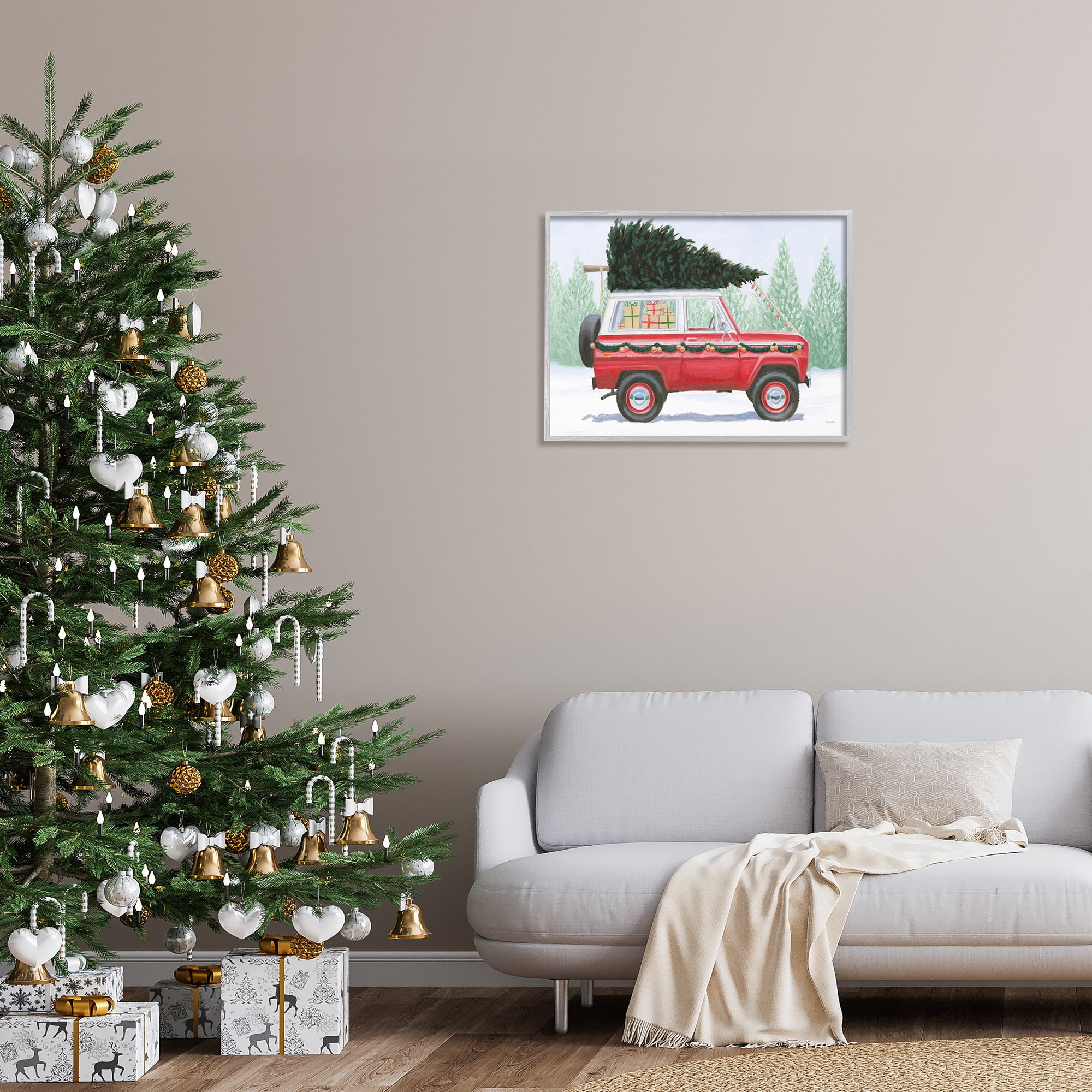 Red Utility Truck Winter Christmas Tree Snowy Forest 30 in x 24 in Framed Painting Art Prints, by Stupell Home Décor