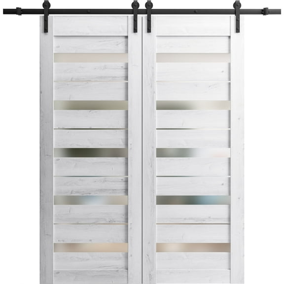 Sturdy Double Barn Door 48 x 80 inches | Quadro 4445 Nordic White with Frosted Glass | 13FT Rail Hangers Heavy Set | Solid Panel Interior Doors