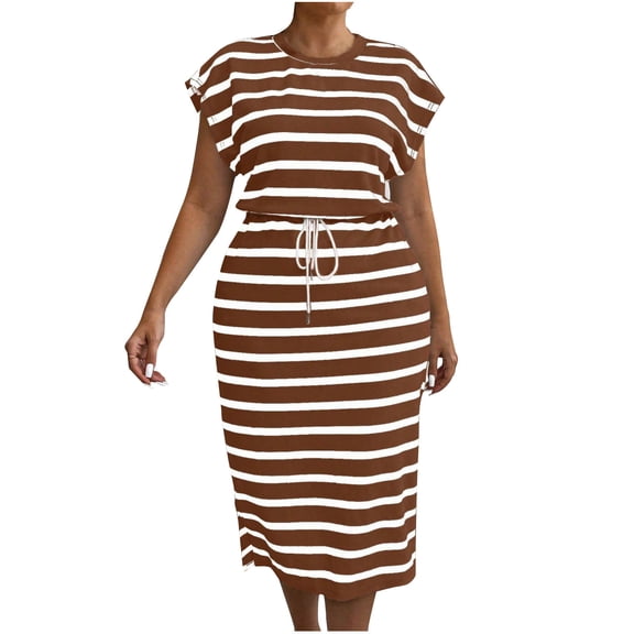 Zpanxa Tie Waist Striped Smock Dress Women's Batwing Sleeve Round Neck Short Sleeve Loose Fit Summer Dress