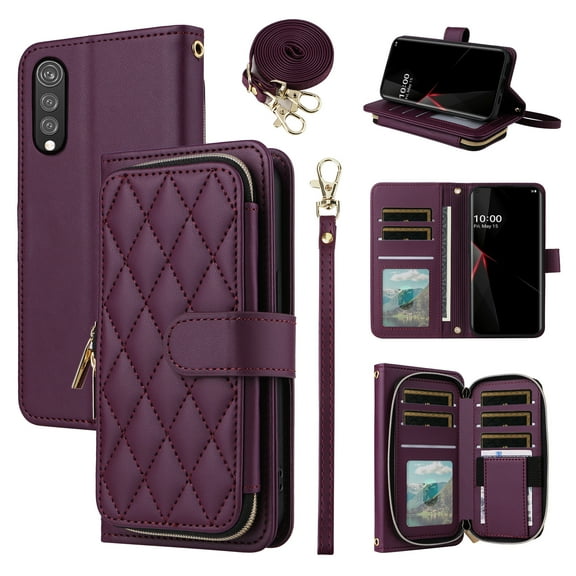 Furiet Argyle Wallet Case for LG Velvet 5G/LGVelvet Verizon G5 UW T-mobile 2020 with Wrist/Shoulder Strap Card Slots Zipper Purse Card Holder Stand Phone Cover for LM G900UM 4G Tmobile Deep Purple
