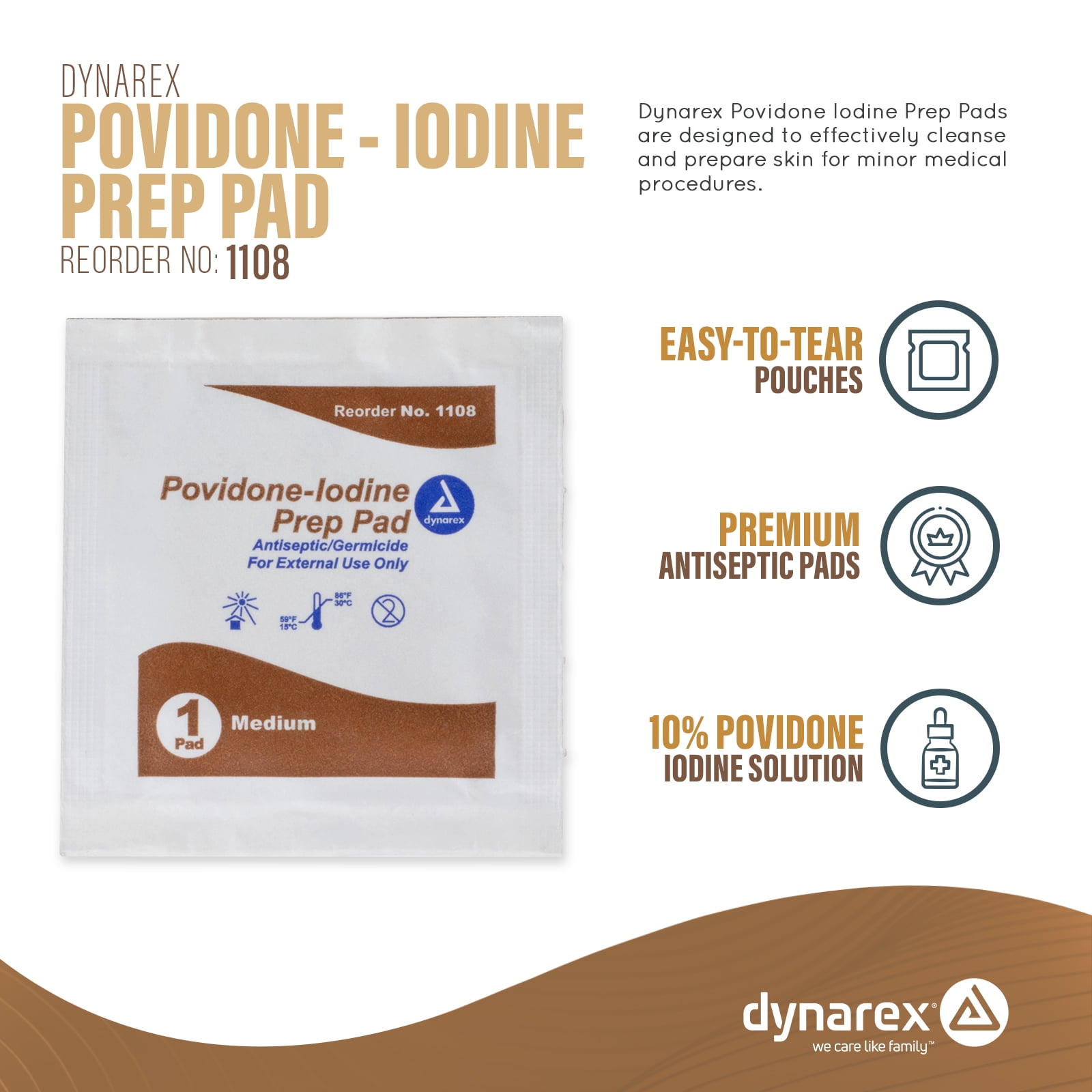 Dynarex Povidone-Iodine Prep Pads, Saturated with Povidone Iodine 10%, Medical-Grade Antiseptic Wipes for Prepping Prior Minor Procedures, Medium, 1 Case of 1000 (10 Boxes of 100) Packaging May Vary