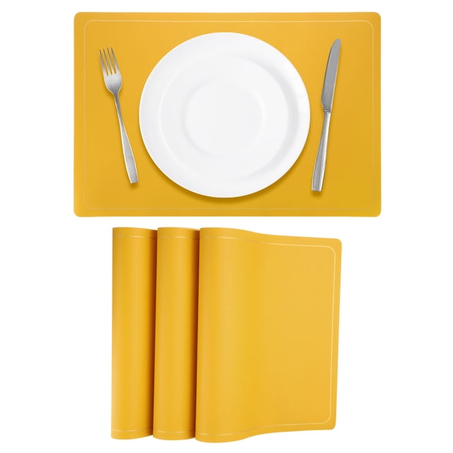 4 Pcs Manteles Individuales de Cuero Sintético para Mesa de Cena, Manteles Rectangulares Resistentes al Calor (Línea Dorada Amarilla)