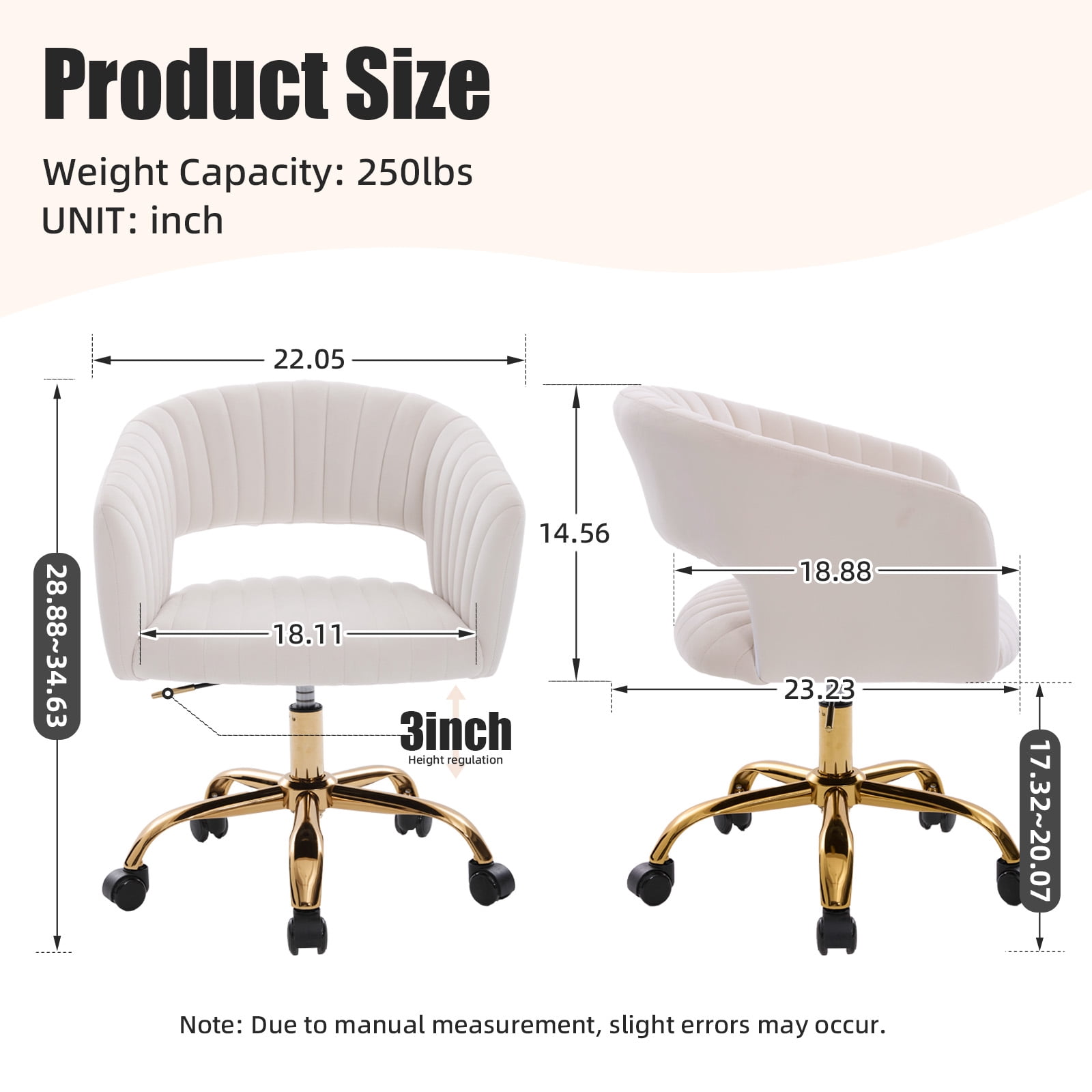 MOONMISS Modern Velvet Office Chair with Gold Base,Adjustable Swivel Desk Chair with Wheels,Low Back Rolling Vanity Chair,Ivory
