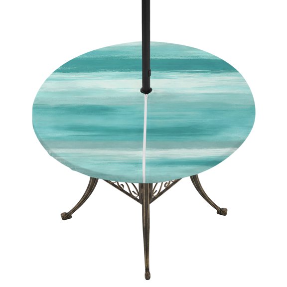 Round Outdoor Tablecloth with Umbrella Hole and Zipper, Teal Green Grey Fitted Table Cover with Elastic Edge for 36-44 Inch, Abstract Art Oil Painting Turquoise Ombre Waterproof Patio Tablecoths