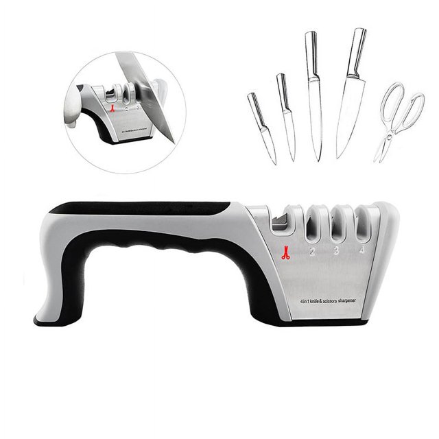 Afilador de cuchillos, afilador de cuchillos manual profesional de 4 pasos para afilar cuchillos de cocina y tijeras con guantes de protección contra cortes para chef y hogar - Gris