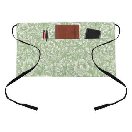 Green Floral Kitchen Restaurant Half Waist Apron Country Vintage Farmhouse Botanical Pastoral Flowers Leaf Server Short Apron with 3 Pockets Waterproof Oil Waist Aprons for Women Waitress Waiter