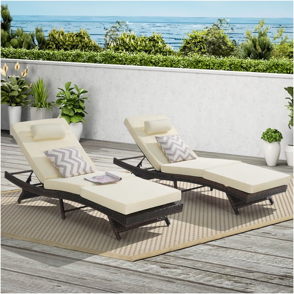 JERFIT 2-Person Reclining Patio Lounge Chair Set, 5-Position Adjustable PE Rattan Chaise Loungers with Khaki Cushions for Pool, Beach, Garden, Outdoor & Indoor Use
