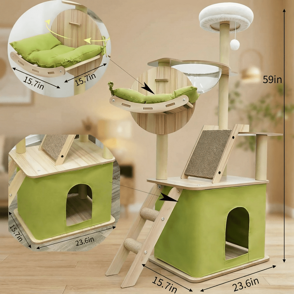 Mekidulu 59in Green Wood Cat Tree Tower, Modern Pet Furniture for Large Cats