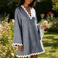 thumbnail image 5 of XuJwPNcy Womens Summer Dresses Long Sleeve Ruffle Hem Mini Dress V Neck Striped Loose Dresses Fashion Casual Outfits, 5 of 7