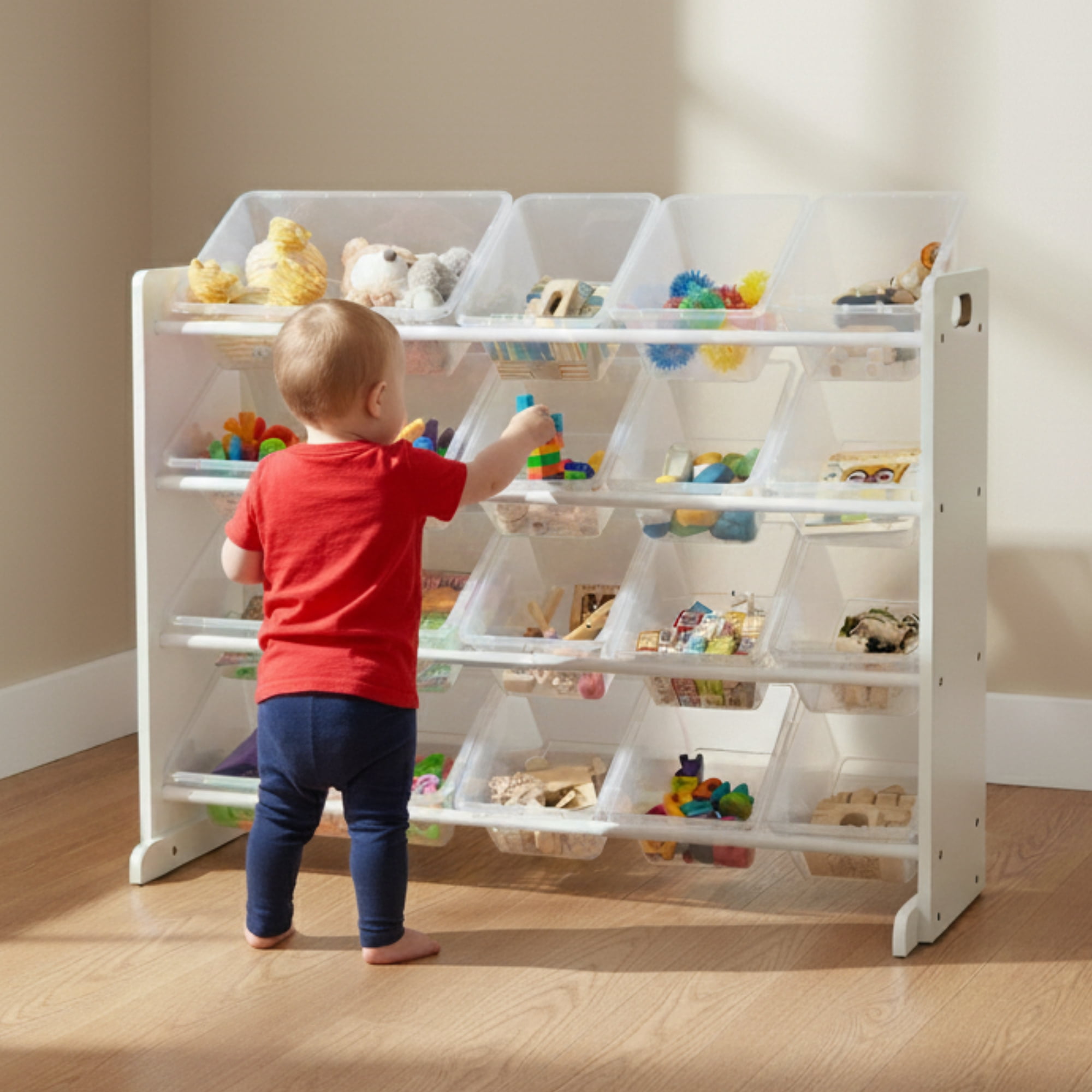 Humble Crew Kids Supersized Toy Storage Organizer with 16 Plastic Storage Bins, Transparent White
