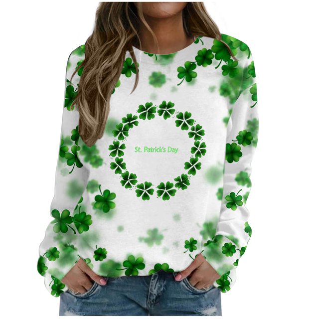 Plebaso Chandail en Molleton de la Saint-Patrick pour Femmes Imprimé Trèfle Col Rond Manches Longues Chandail P-5TG