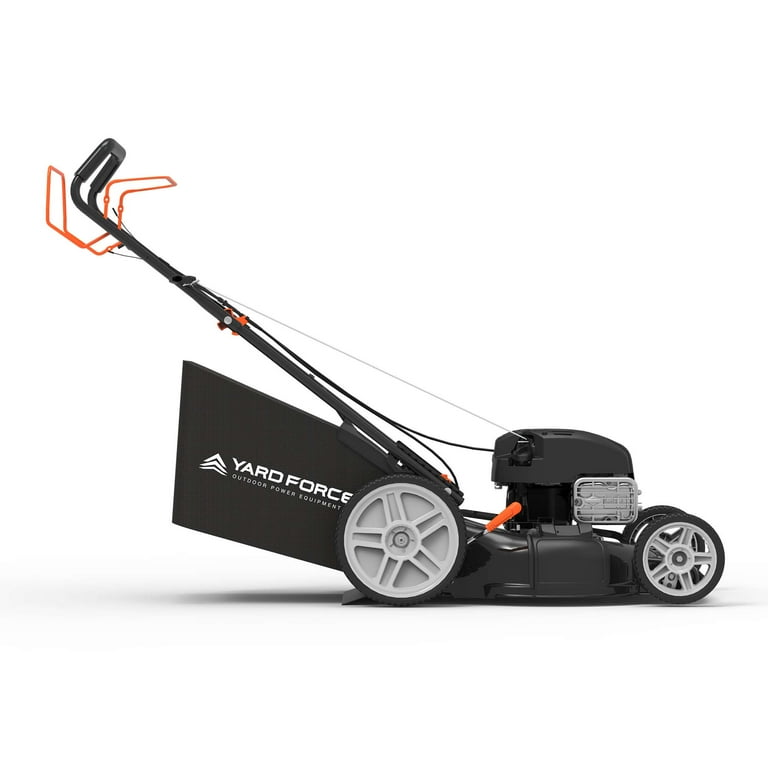 Yard Force Self Propelled Lawn Mower Briggs Stratton 150cc Gas Engine 22 inch Steel Deck 3 in 1 mulch bag side discharge Vertical Storage