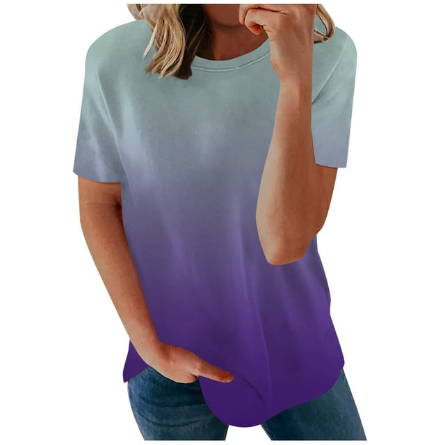 AherBiu Womens Tops Short Sleeve Tees Gradient Color Crewneck Basic Summer Casual Loose Tshirts