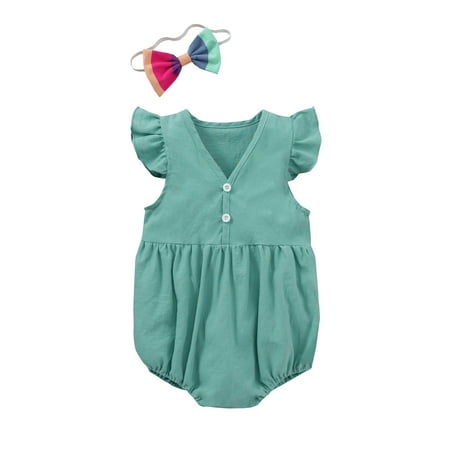 

Newborn Baby Girl Solid Romper Ruffle Bodysuit Jumpsuit Headband Outfit Sunsuit